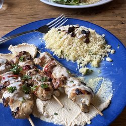 Caliza Mediterranean Cuisine - Chicken Kabob, hummus, and quinoa.