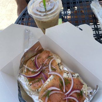 The Burrow Cafe - Lox Bagel and iced coffee with cream - Creperies Near Me - Albuquerque, New Mexico