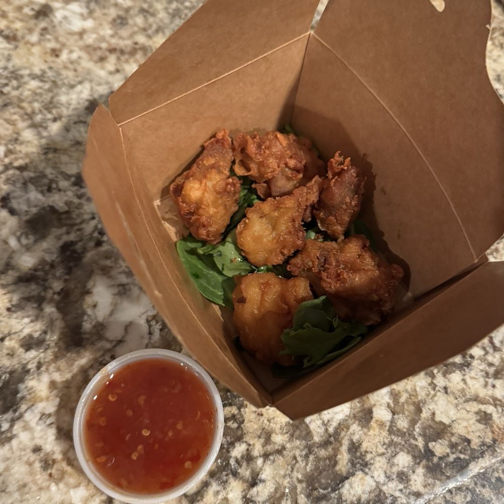 Tiny portion of karage.  There's more sauce than chicken!