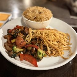 Shogun Restaurant - Vegetables, noodles, and fried rice with double "yum"sauce on the side.