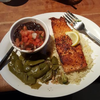 Cheddar's Scratch Kitchen - Blackened Salmon with rice pilaf and green beans with homemade black beans. - Comfort Food Near Me - Sanford, Florida Cheddar's Scratch Kitchen - Blackened Salmon with rice pilaf and green beans with homemade black beans. - Comfort Food Near Me - Sanford, Florida