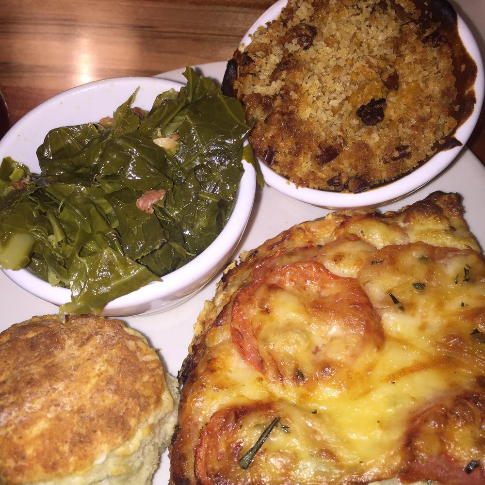 Proper - Tomato pie with sweet potato casserole and collard greens. - Southern Near Me - Boone, North Carolina Proper - Tomato pie with sweet potato casserole and collard greens. - Southern Near Me - Boone, North Carolina