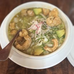 Pozole verde de carne de puerco con chicharrón  Simply delicious. We usually go there when craving pozole!