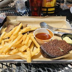 Old Capitol Grill & Smokehouse - Beef brisket, fries, blue cornbread