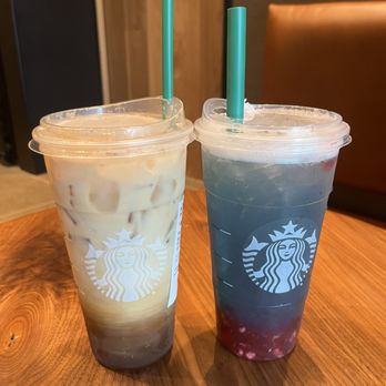 Starbucks - Iced Brown Sugar Oatmilk Shaken Espresso (left), Summer-Berry Lemonade Starbucks Refreshers (right) - Coffee & Tea Near Me - Duluth, Minnesota