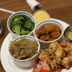 Brothers Restaurant And Bar - Fried Lobster, candied yams, broccoli and cabbage.
