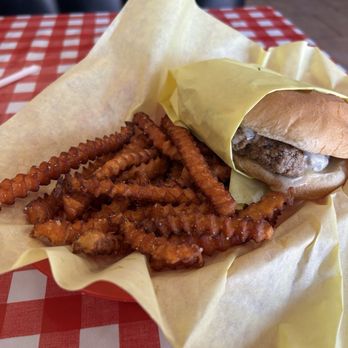 Hideout Burgers - Mushroom Swiss burger with 1/2 order sweet potato fries - Burgers Near Me - Mansfield, Texas