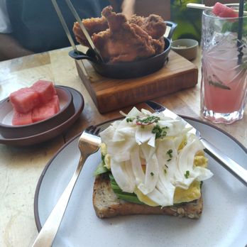Yardbird - Chicken (comes with watermelon chunks), Avocado Toast, and Non-alcoholic Watermelon Spritzer. (Mocktail). - Southern Near Me - Los Angeles, California Yardbird - Chicken (comes with watermelon chunks), Avocado Toast, and Non-alcoholic Watermelon Spritzer. (Mocktail). - Southern Near Me - Los Angeles, California