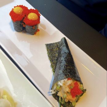 Sushi Blossom - Flying fish roe with quail eggs and creamy scallop hand roll. - Sushi Bars Near Me - Spokane, Washington Sushi Blossom - Flying fish roe with quail eggs and creamy scallop hand roll. - Sushi Bars Near Me - Spokane, Washington