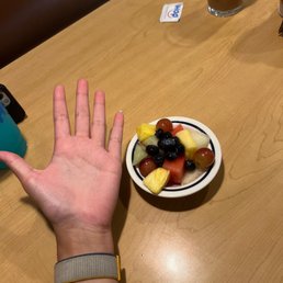 Cup of fruit (hand for scale)