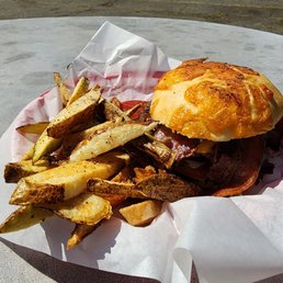 Bacon cheeseburger and fries Bacon cheeseburger and fries