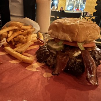 A Little Hi - Double smash burger with bacon, pub cheese, lettuce, pickle, tomato and grilled onions. Plus fries. OMFG! - Salad Near Me - Ballwin, Missouri A Little Hi - Double smash burger with bacon, pub cheese, lettuce, pickle, tomato and grilled onions. Plus fries. OMFG! - Salad Near Me - Ballwin, Missouri