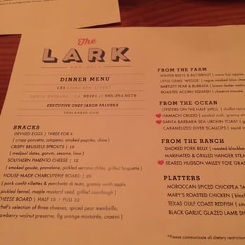 The Lark - Valentine's Day dinner menu - New American Near Me - Santa Barbara, California