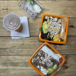 Salad, protein box, tea