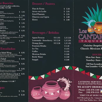 Los Cantaros - Menu front - Mexican Near Me - San Leandro, California