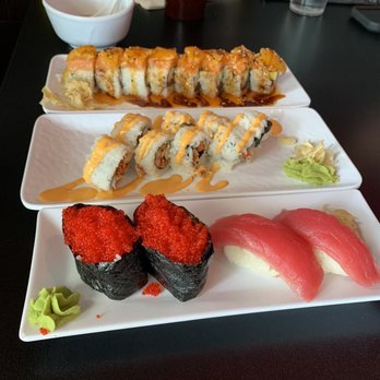 Rock N Roll Sushi - Crawfish Roll- middle, Tobiko-Tuna nigiri-front, Drum Roll- far plate - Sushi Bars Near Me - Murfreesboro, Tennessee Rock N Roll Sushi - Crawfish Roll- middle, Tobiko-Tuna nigiri-front, Drum Roll- far plate - Sushi Bars Near Me - Murfreesboro, Tennessee