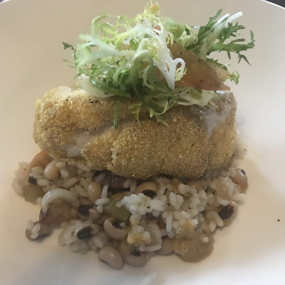 Crush XI - Golden tile fish on a bed of hoppin john. - New American Near Me - Melbourne, Florida