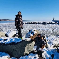 Lake Superior Boardwalk - My nephews with Duluth Harbor North Pier Lighthouse in the background