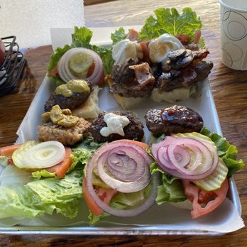 Crazee Burger - Exotic Slider Platter with: (Left to Right) (Top) Gator, Buffalo, Elk (Bottom) Camel, Boar, and Venison - Burgers Near Me - San Diego, California Crazee Burger - Exotic Slider Platter with: (Left to Right) (Top) Gator, Buffalo, Elk (Bottom) Camel, Boar, and Venison - Burgers Near Me - San Diego, California