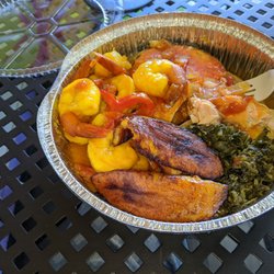 The Calabash Experience - Salmon, curry shrimp, callaloo and plantains
