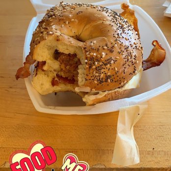 SPoT! - Sausage & bacon with cheese on an everything bagel - Bagels Near Me - Norwood, Massachusetts SPoT! - Sausage & bacon with cheese on an everything bagel - Bagels Near Me - Norwood, Massachusetts
