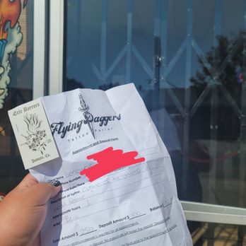 Flying Daggers Tattoo Parlor - No one in shop. Bars blocking door. Signed appointment sheet with business card. - Tattoo Near Me - Pomona, California