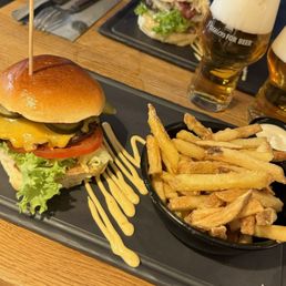 Burgers, fries, and a pitcher of beer!
