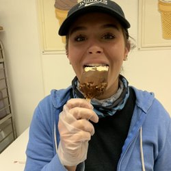 Pam's Custard Corner - Nutty Bar! French vanilla custard/ hot fudge/ Spanish nuts layered and dipped in chocolate dip.