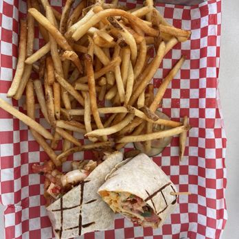 Foxy's Harbor Grille - The shrimp taco, looks more like a burrito, but is absolutely delicious and the fries were great too - Seafood Near Me - St Michaels, Maryland