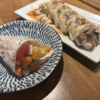 Sushi On Fire - Blue plate: Hello Kitty Hand Roll - no rice. Sexy Roll: No Rice and soy wrapped - Sushi Bars Near Me - Long Beach, California Sushi On Fire - Blue plate: Hello Kitty Hand Roll - no rice. Sexy Roll: No Rice and soy wrapped - Sushi Bars Near Me - Long Beach, California