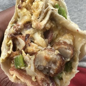 Angelo's Burgers - Huge bacon and sausage breakfast burrito and I added jalapeños - Burgers Near Me - Pomona, California Angelo's Burgers - Huge bacon and sausage breakfast burrito and I added jalapeños - Burgers Near Me - Pomona, California