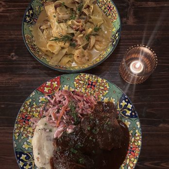 Sangria & Salt - Shrimp cream pasta, barbecue chicken with mashed potatoes and red cabbage salad - Bars Near Me - San Francisco, California Sangria & Salt - Shrimp cream pasta, barbecue chicken with mashed potatoes and red cabbage salad - Bars Near Me - San Francisco, California