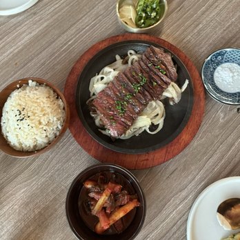 Danbi - Zabuton Wagyu with the best garlic rice I've had, scallion Kimchi, jalapeño and garlic, and a little salt (if needed) - Korean Near Me - Los Angeles, California Danbi - Zabuton Wagyu with the best garlic rice I've had, scallion Kimchi, jalapeño and garlic, and a little salt (if needed) - Korean Near Me - Los Angeles, California