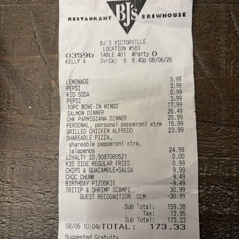 BJ's Restaurant & Brewhouse - Receipt of purchase - Pizza Near Me - Victorville, California