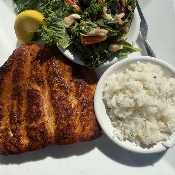 The Pier Restaurant - Honey Mustard Blackened Salmon with Lime Rice and Kale Crunch Salad - Sandwiches Near Me - Solomons, Maryland
