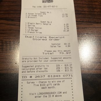 LongHorn Steakhouse - Bill - Steakhouses Near Me - Franklin, Massachusetts