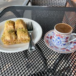 Bereket Turkish Cuisine - Outdoor table. Beautiful espresso cup & gorgeous baklava.