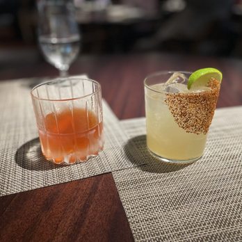 Bludorn - Absinthe/whiskey left and spicy margarita right - New American Near Me - Houston, Texas