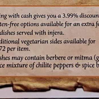 Nile Ethiopian - Discount for cash payments, additional charge for gluten free and pricing for side items - Ethiopian Near Me - Orlando, Florida