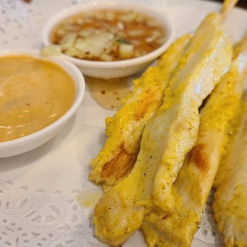 Thai Meal - Chicken Satay. Not too bad should have been grilled longer probably. Both sauces were good. - Asian Fusion Near Me - Plantation, Florida Thai Meal - Chicken Satay. Not too bad should have been grilled longer probably. Both sauces were good. - Asian Fusion Near Me - Plantation, Florida