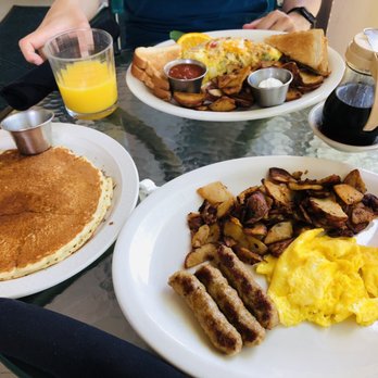 The Five Mile Cafe - classic tow Eggs, Meat, Home Fries and Toast.  I chose pancake instead of toast. - Cafes Near Me - Penfield, New York