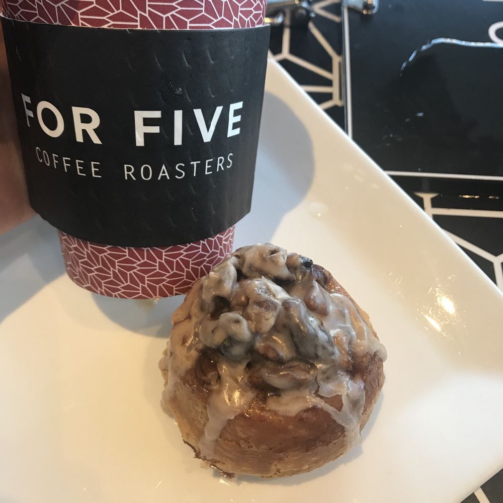 For Five Coffee Roasters - Cinnamon bun from a local bakery that's sold here fresh - Coffee Roasteries Near Me - Manhasset, New York For Five Coffee Roasters - Cinnamon bun from a local bakery that's sold here fresh - Coffee Roasteries Near Me - Manhasset, New York