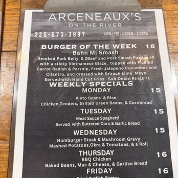 Arceneaux's on the River - Weekly menu - Barbeque Near Me - Geismar, Louisiana