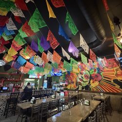 Beautiful flags adorn the ceiling