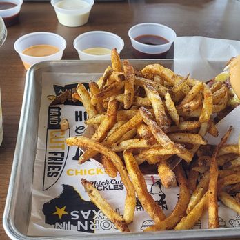 Super Chix - Cordon Bleu chicken sandwich w/Cajun seasoned fries, sauces and Reeses Pieces cold fusion dessert - Sandwiches Near Me - Williamsburg, Virginia