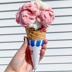 The Plush Horse - Dairy-Free Coconut and Strawberry (Made with coconut milk) on a waffle cone
