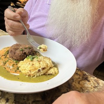 Fire and Wine - Crab cake , stone grit custard creamed spinach - Southern Near Me - Vero Beach, Florida Fire and Wine - Crab cake , stone grit custard creamed spinach - Southern Near Me - Vero Beach, Florida