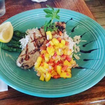 Coast Cafe - Catch of the day. Some kind of shark. Mango tomato salad. Basmati rice. Asparagus. - New American Near Me - Bolinas, California Coast Cafe - Catch of the day. Some kind of shark. Mango tomato salad. Basmati rice. Asparagus. - New American Near Me - Bolinas, California