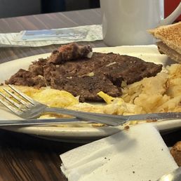 Was SOLD STEAK AND EGGS I GOT A HAMBURGER PATTY AND EGGS FOR 17$ you tell me what you see here