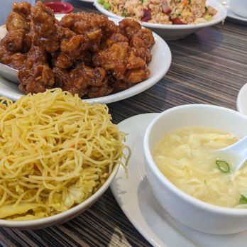 Lucky Chinese Food - Egg drop soup, Singapore noodles, orange chicken, pork fried rice - Chinese Near Me - Santee, California